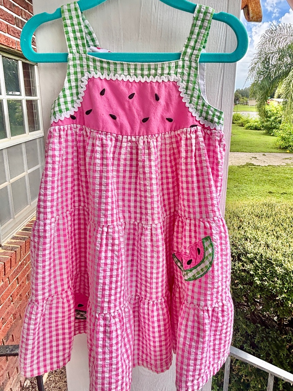 vintage specialty girl 2t watermelon gingham tiered sundress pink green fruit